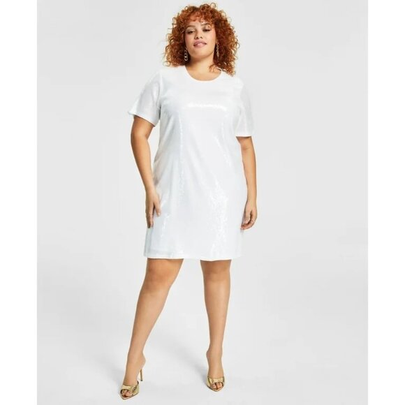 Nina Parker Trendy Plus Size Printed Short-Sleeve Sequin Dress Bright White 0X - Picture 1 of 5